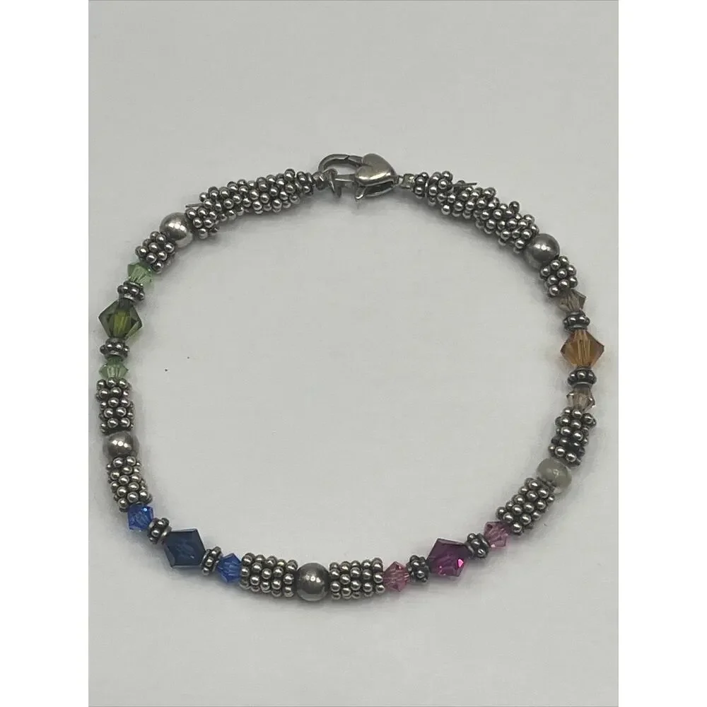 Vintage Sterling Silver 925 Tennis Beaded Bracelet Orange Pink Blue Green Grey